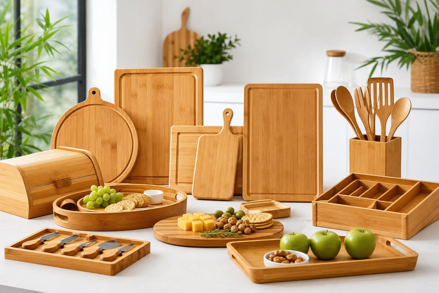 Natural bamboo cheese board with cutlery set
